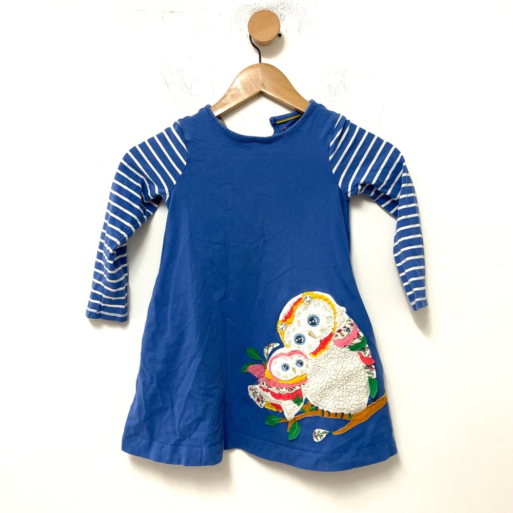 Mini Boden Owl Appliqué Blue Dress 5/6